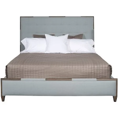 Transitional King Upholstered Bed with Wood Trim